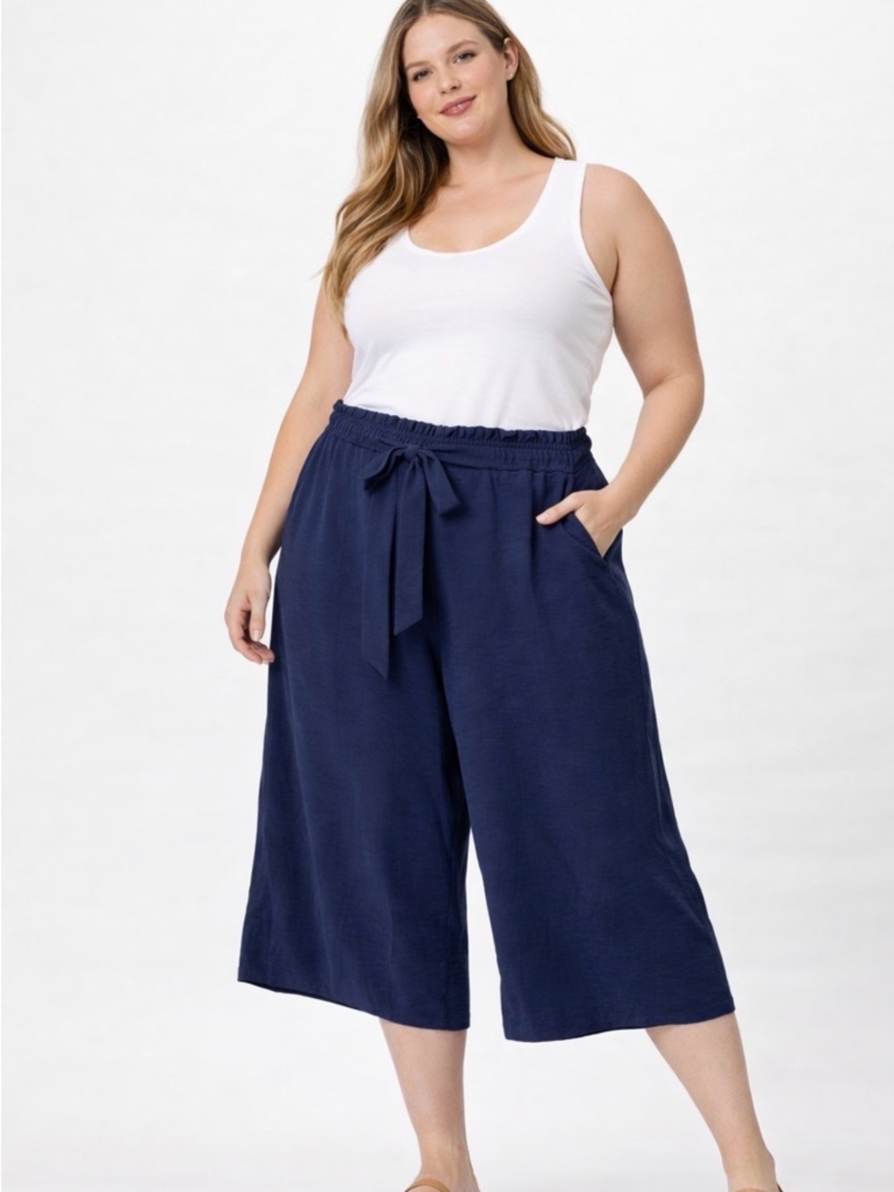 tle:

Aodemo Wide Leg Pants 3XL Navy Blue Elastic Waist Tie Front Flowy Casual